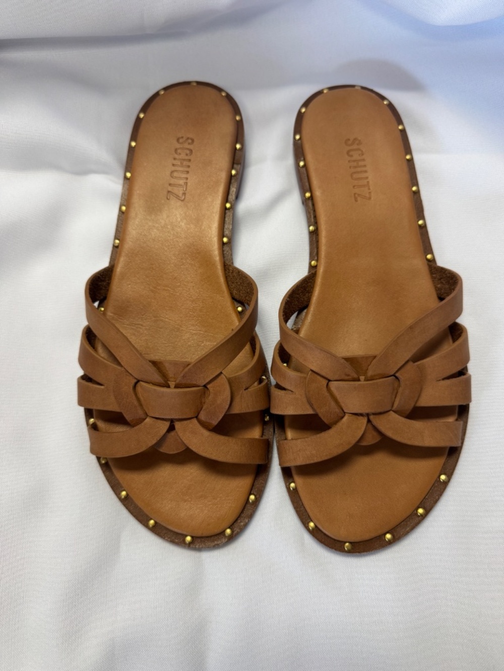 Schutz Pheonix Flat Leather Women's Sandals In Brown Size 8.5